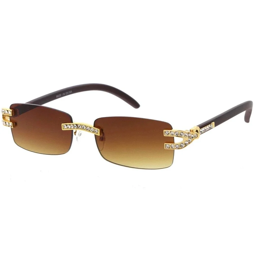 Rhinestone Sunglasses Rimless Buffs Brown Lens Fashion Shades Music Party Shades